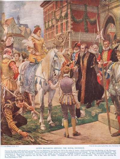 Königin Elisabeth I. eröffnet die Royal Exchange im Jahr 1570, Illustration aus Hutchinsons 